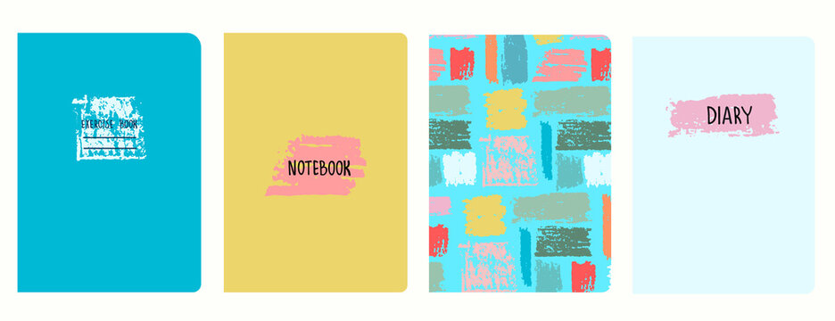 Set of cover page vector templates with multicolored paint stripes, brushstroke effect. Based on seamless patterns. Headers isolated and replaceable. Perfect for school notebooks, diaries