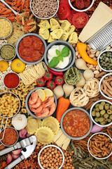 Clean eating flexitarian diet concept with a collection of mediterranean & Italian health foods high in antioxidants, dietary fibre, anthocyanins, lycopene, omega 3, protein, vitamins & minerals.  
