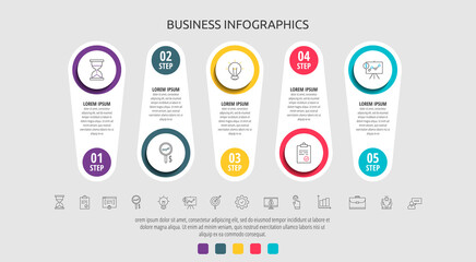 Business vector infographic circles for five label, diagram, graph, presentations. Concept with 5 options used with content, flowchart, steps, timeline, workflow, marketing.