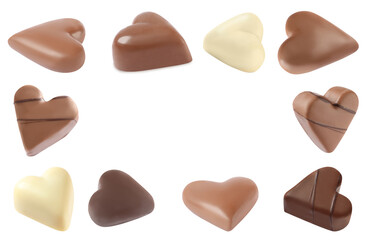 Set with delicious heart shaped chocolate candies on white background