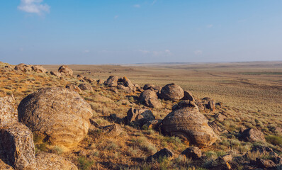 Fototapeta na wymiar Rocky formation in steppe in daylight