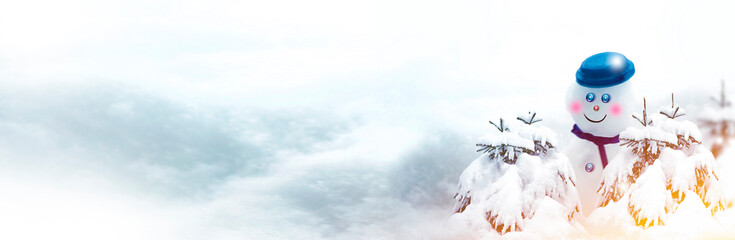 happy snowman. Winter landscape. Merry christmas and happy new year greeting card