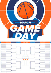Game Day. Playoff grid, tournament bracket. March basketball playoff. Super sport party in United States. Final games of season tournament. Professional team championship. Ball for basketball. Vector