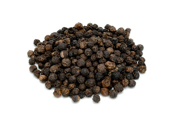 Black pepper pile or Black peppercorns seeds isolated on white background.