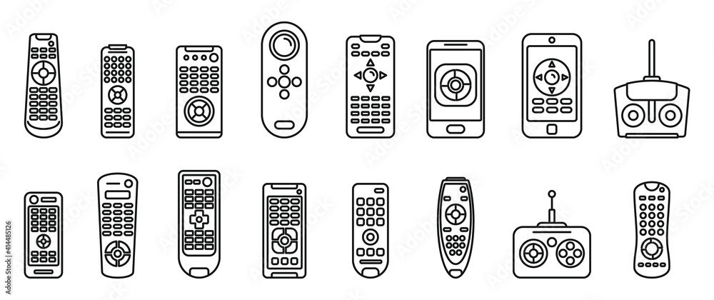 Poster hand remote control icons set. outline set of hand remote control vector icons for web design isolat