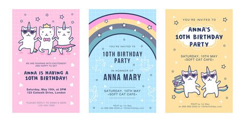 Invitation cards with unicorn cats set. Cute dancing baby caticorns with rainbow tails having fun vector illustrations with text. Birthday party concept for flyers and postcards design © SurfupVector