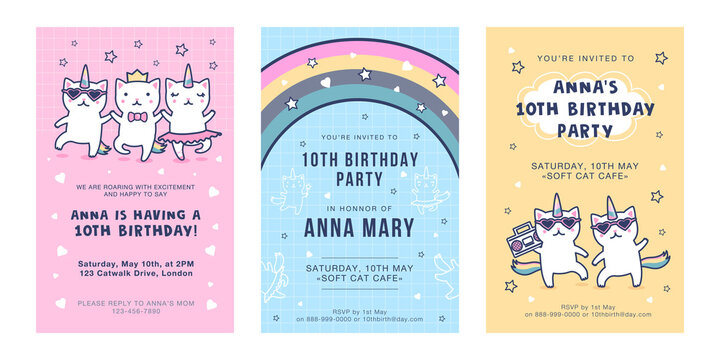 Invitation cards with unicorn cats set. Cute dancing baby caticorns with rainbow tails having fun vector illustrations with text. Birthday party concept for flyers and postcards design