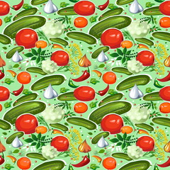 Seamless pattern with vegetables: tomatoes, cucumbers, pepper, herb, spices, onion and garlic on a light green background. Vector illustration.
