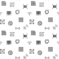 Seamless pattern of QR Code, barecode. Contains icons such as wireless RFID chip and radio-frequency identificationscanner, package code, barcode and more