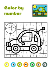 Cartoon cute green car. Color by number. Vector EPS 10