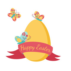 Happy Easter. Yellow easter egg with red ribbon and butterfly on a white background. Holiday design collection for invitation, banner, poster. Vector illustration 