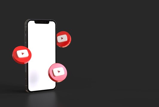 Smartphone Mockup With Youtube Icons In Realistic 3D Rendering. Blank Screen Template