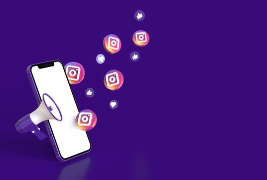 Smartphone Mcokup With Megaphone, Instagram Icons, Like And Heart Symbol In Realistic 3D Rendering. Social Media Marketing Concept. Blank Screen Template