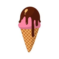 Isolated icon, cute cartoon ice cream. Pink ice cream with chocolate top glaze, waffle con.Cartoon vector illustration.