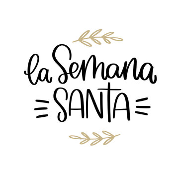 La Semana Santa greeting sign in Spanish, which means Holy week before Easter. Simple vector calligraphy text in Espanol with simple leaf laurel decorations for card, social media post or shop banner 