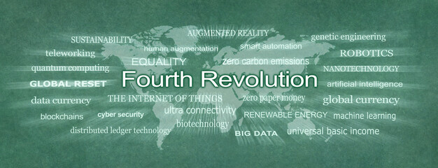 Words associated with the FOURTH REVOLUTION Reset - mono green flat map of planet earth surrounded by a Fourth Revolution zooming word cloud 
