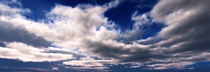 Naklejka na ściany i meble Stormy sky, clouds on the blue sky, cloudy landscape from below, 3D rendering