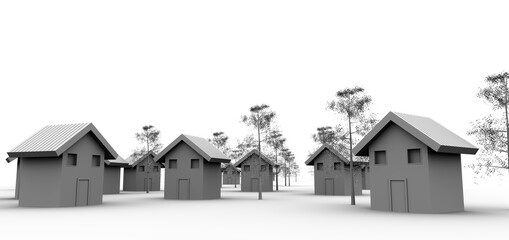 Maqueta en 3D en blanco y negro de un pueblo, villa, de casitas. Árboles y paisaje en blanco