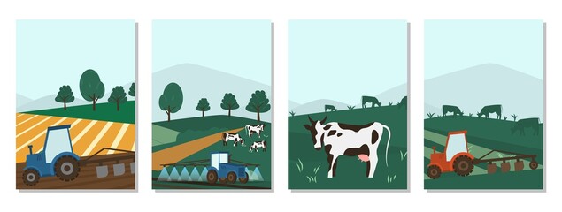 Agricultural business cards Cows farming on green meadow agricultural business concept.