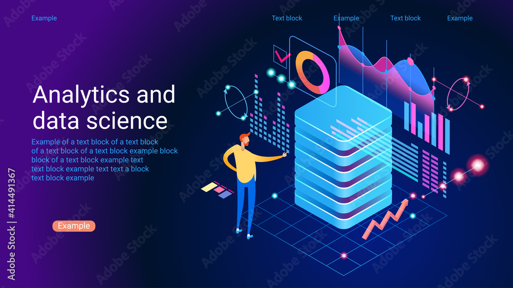 Poster concept of data research, technology, data analysis and science. modern flat design isometric concep