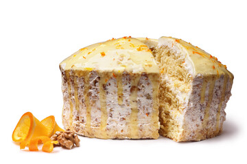 Glazed cake with a cut out piece side view