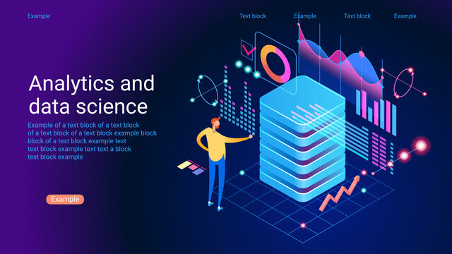 Concept of data research, technology, data analysis and science. Modern flat design isometric concept. Landing page template.