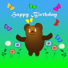 Happy birthday greeting card with teddy bear, flowers and butterflies.
