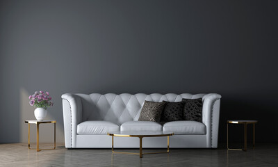 Modern mock up decor interior design of luxury cozy living room and empty blue wall texture background, 3d rendering