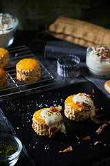 Biscuits Scones Bacon Cheese set on cafe table.