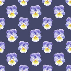 Seamless floral pattern with watercolor painted pansies. Purple, yellow pansy. Flower background. Design for fabric, textile or paper.