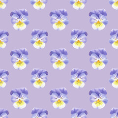 Seamless floral pattern with watercolor painted pansies. Purple, yellow pansy. Flower background. Design for fabric, textile or paper.