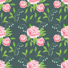 Seamless floral pattern with watercolor painted peonies. Dark blue flower background. Design with peony. Hand drawn pattern.