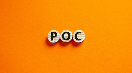 POC, proof of concept symbol. Wooden circles with the word POC, proof of concept. Beautiful orange background. Business and POC, proof of concept concept, copy space. - obrazy, fototapety, plakaty