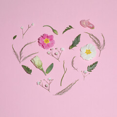 Spring is coming in heart shape. Flat lay concept on pink background