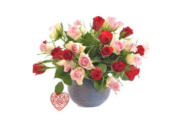 Bouquet of roses on white background. Red and pink roses in vase, and hesrt, for mothers day.