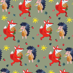 Pattern with fox and hedgehog