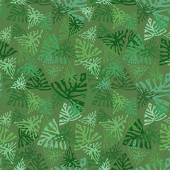 Monstera camouflage seamless tropical pattern. Leaves camo with tropical plants. Exotic background, fashion jungle print for design. Vector wallpaper
