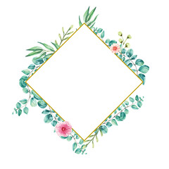 Fototapeta na wymiar Watercolor leaf euccalyptus frame hexagonal for vintage decoration and wedding invitation card