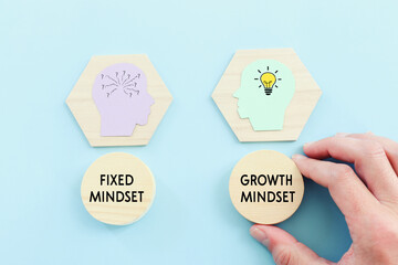 concept idea of choosing the right strategy. Fixed mindset vs Growth mindset.