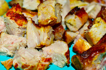 Fried pork shish kebab with pickled onions