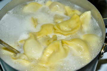 Meat dumplings cooked in a pot in the kitchen
