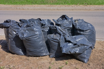 Black plastic bags with garbage on a city street.
