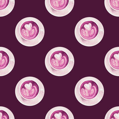Seamless food pattern with coffee cups. Watercolor painted food. Coffee art background. Design or wallpaper, textile design, packing, textile, fabric.
