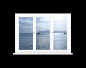 Panoramic window overlooking in ocean with ships. Domestic concept
