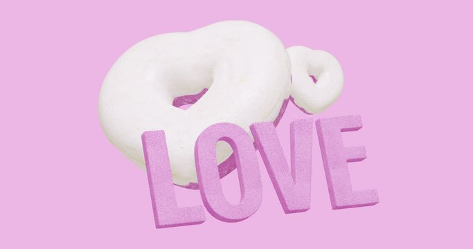 Minimal motion design. 3d creative white glazed heart donuts with text love in pink abstract space. Donuts lover, Sweet, candy,party shop, birthday party, valentines day, greatings concept 4k video