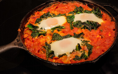 Shakshuka skillet dinner on the black cooktop