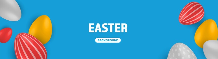 Colored Easter Eggs banner. 3d easter egg, spring holiday traditional symbol.
