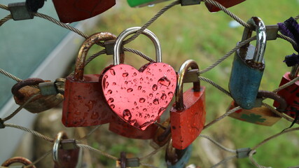 red heart love lock couple promise bridge 