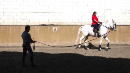 Instructor de equitacion dando sus clases a una mujer en el piocadero de la cuadra