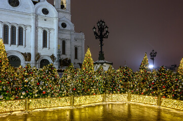 New Year and Christmas decorations at the Cathedral of Christ the Savior, Moscow, Russian Federation, January 12, 2021